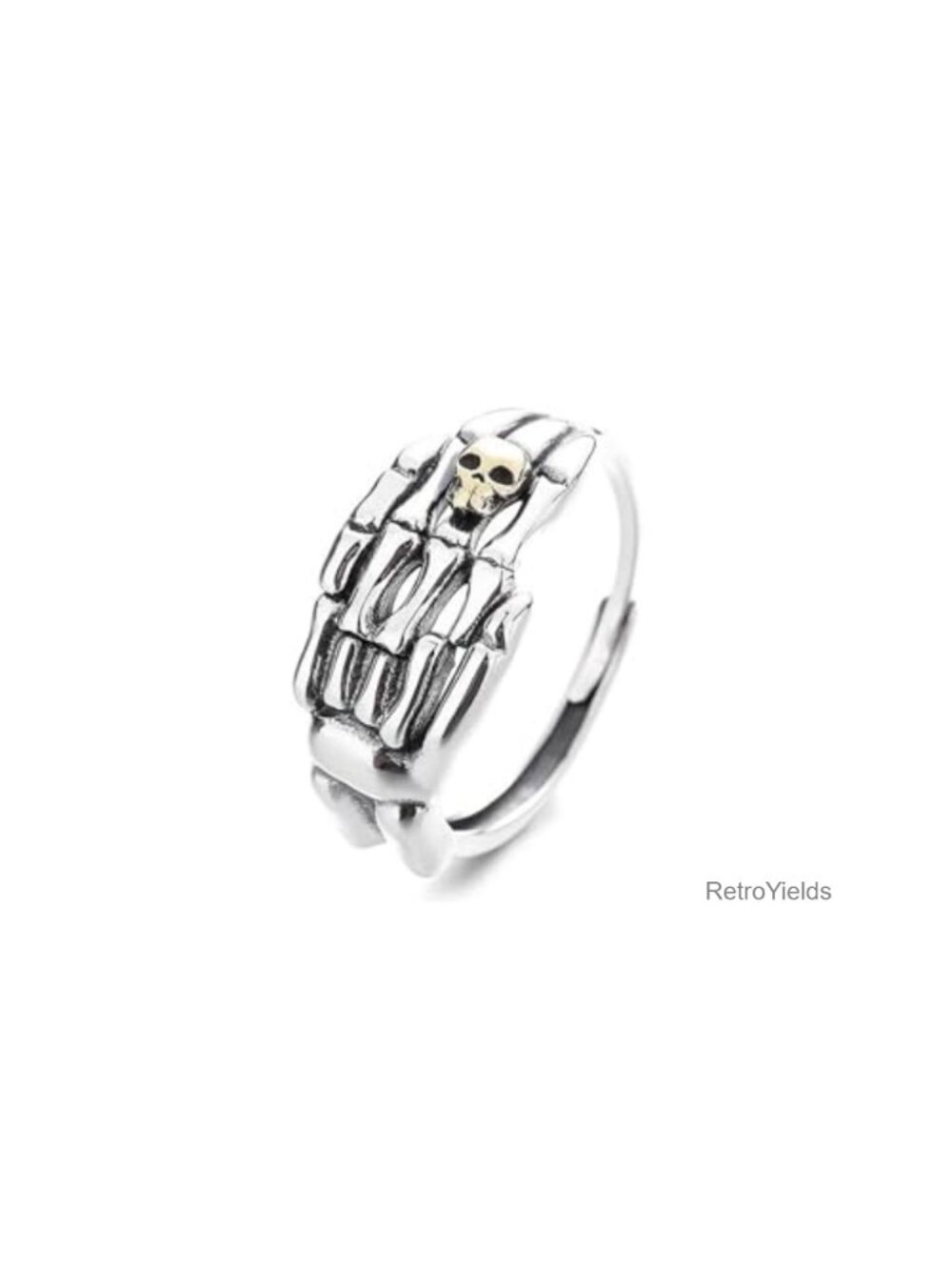 S925 Sterling Silver Skeleton Hand Ring Gold-Plated Skull Accent Adjustable